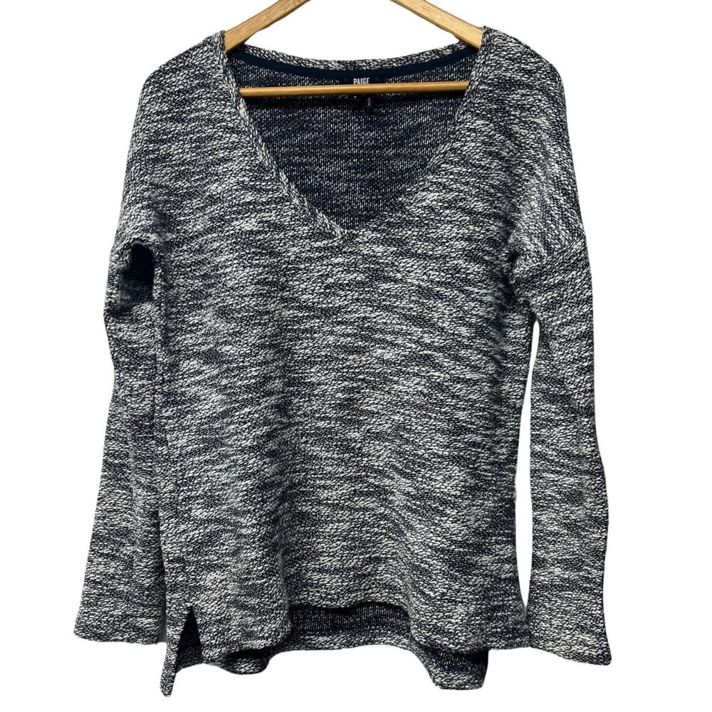 Paige Size Small V-Neck Sweater Top Blue White Marled Fall Soft Work Coastal